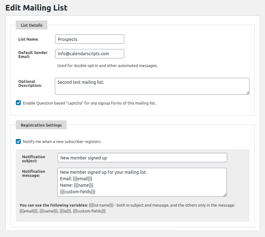 Mailing list settings form